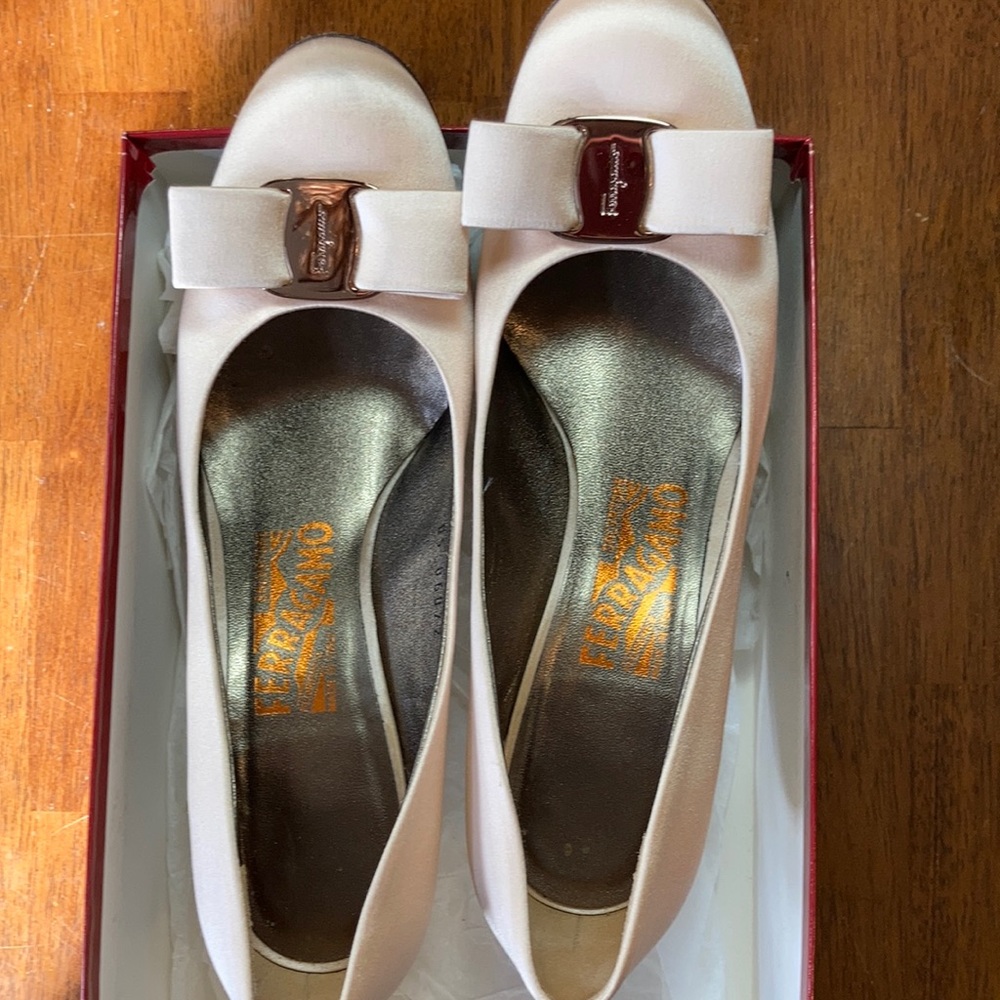 Salvatore Ferragamo goldish/cream satin heels